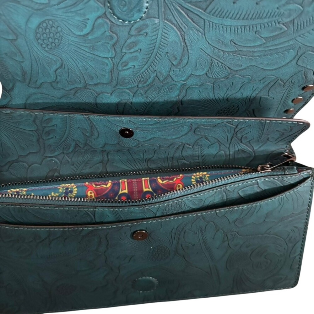 Anna Sui X Inc Western Tooled Leather Clutch Teal Turquoise Studded View 3